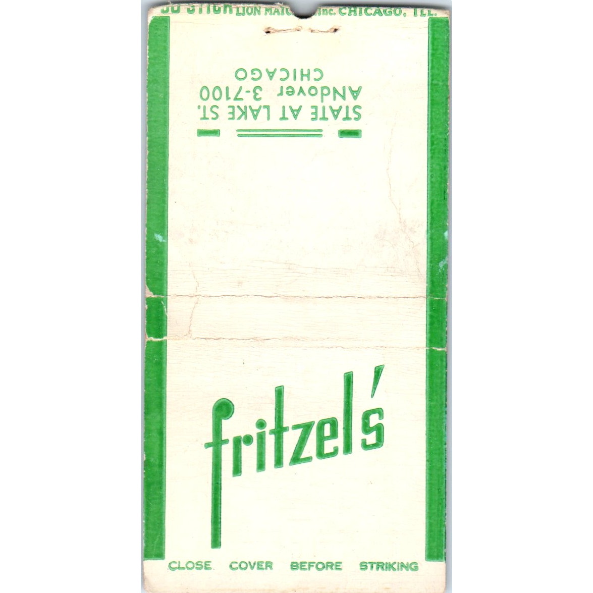Fritzel's Chicago Mike Fritzel Joe Jacobson Vintage Matchbook Cover SF4-Y6