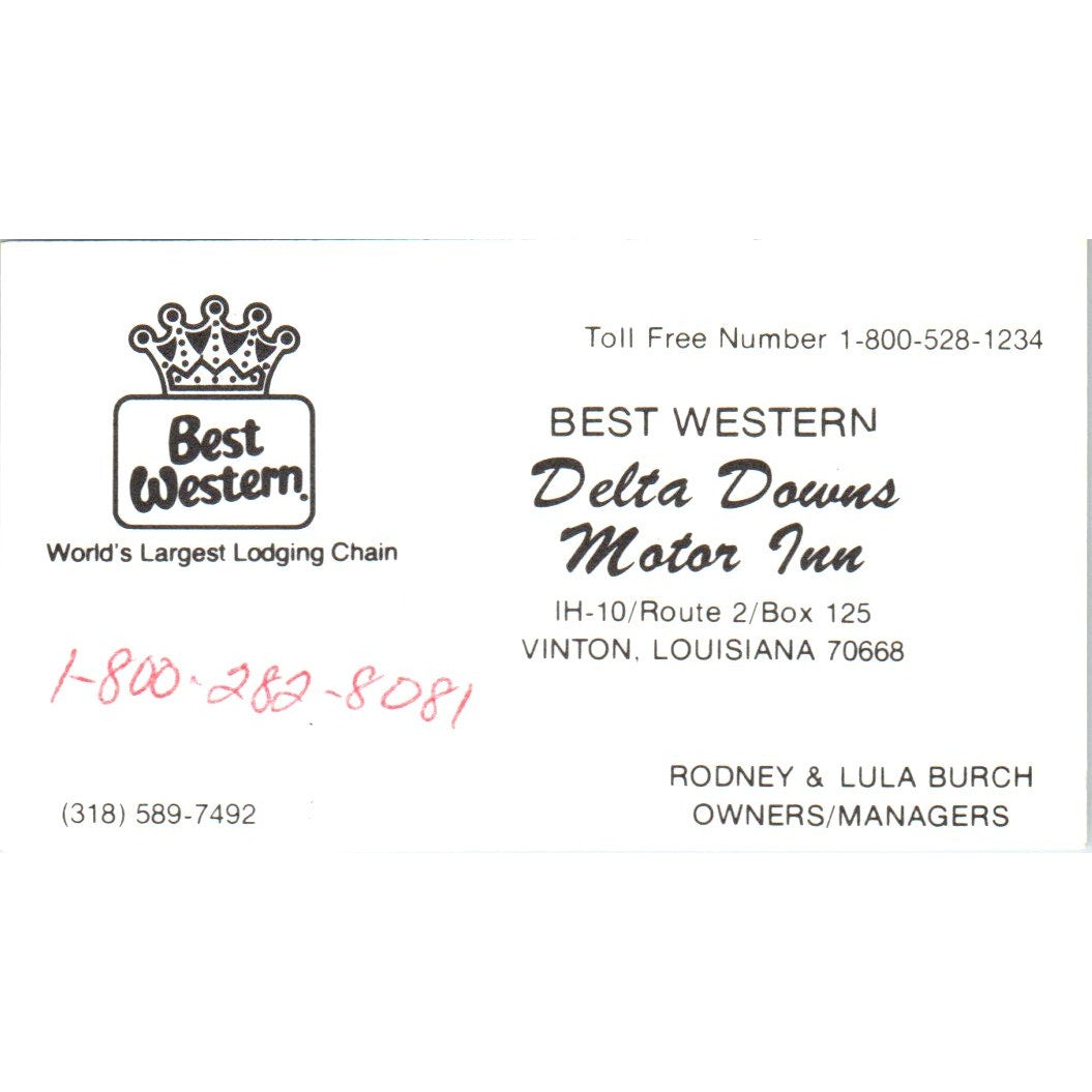 Delta Downs Motor Inn Best Western Burch Vinton LA Business Card SE3-B1