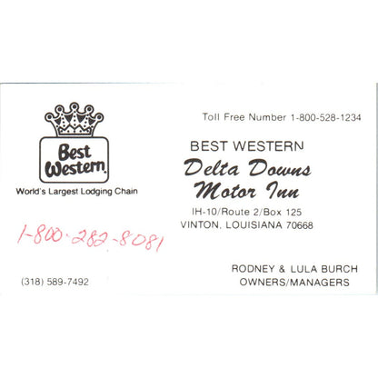 Delta Downs Motor Inn Best Western Burch Vinton LA Business Card SE3-B1