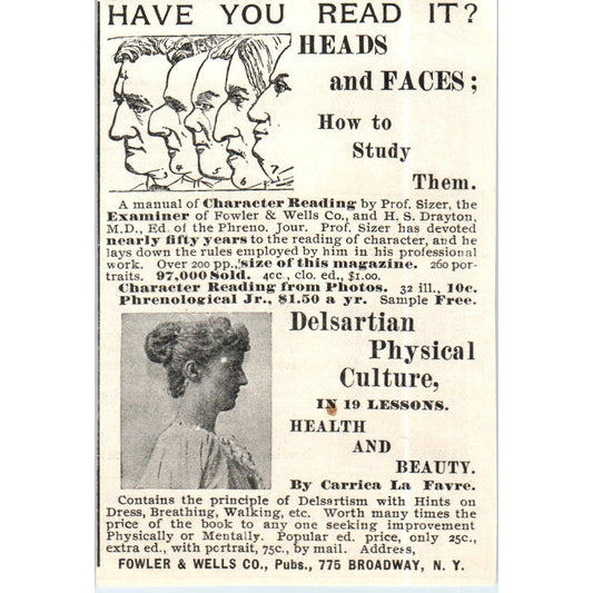 Fowler & Wells Co Heads & Faces, Delsartian Physical Culture c1890 Ad AE8-CH6