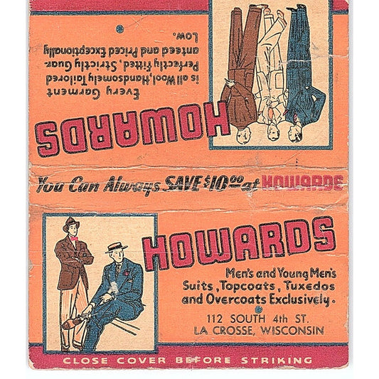 Howard's Men's Clothing La Crosse WI Vintage Large Matchbook Cover TH2-Y4