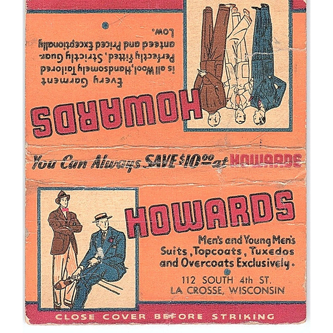 Howard's Men's Clothing La Crosse WI Vintage Large Matchbook Cover ML1-8