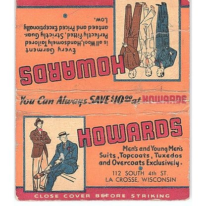 Howard's Men's Clothing La Crosse WI Vintage Large Matchbook Cover ML1-8