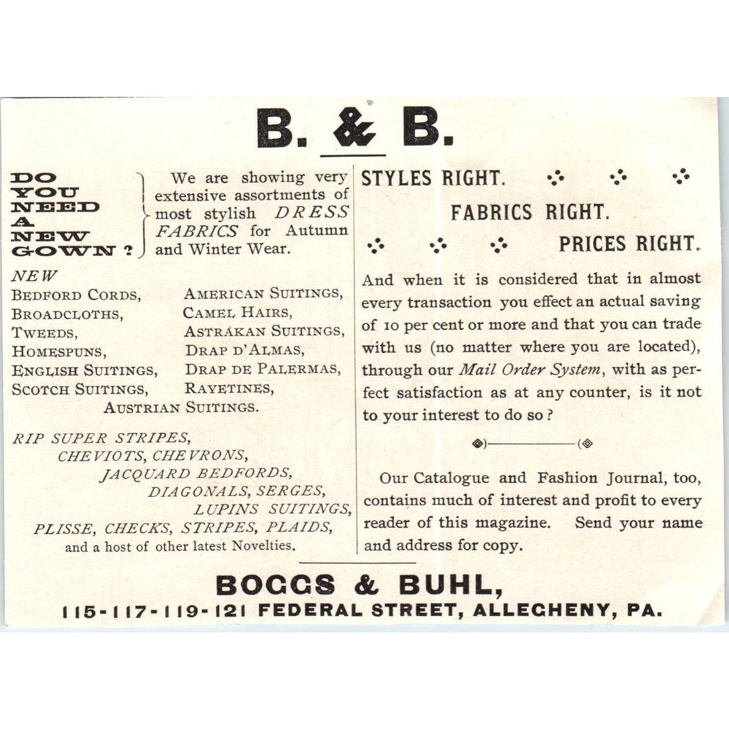 Boggs & Buhl Allegheny PA Styles Right Fabrics Right c1890 Victorian Ad AE8-CH1