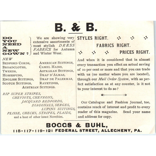 Boggs & Buhl Allegheny PA Styles Right Fabrics Right c1890 Victorian Ad AE8-CH1