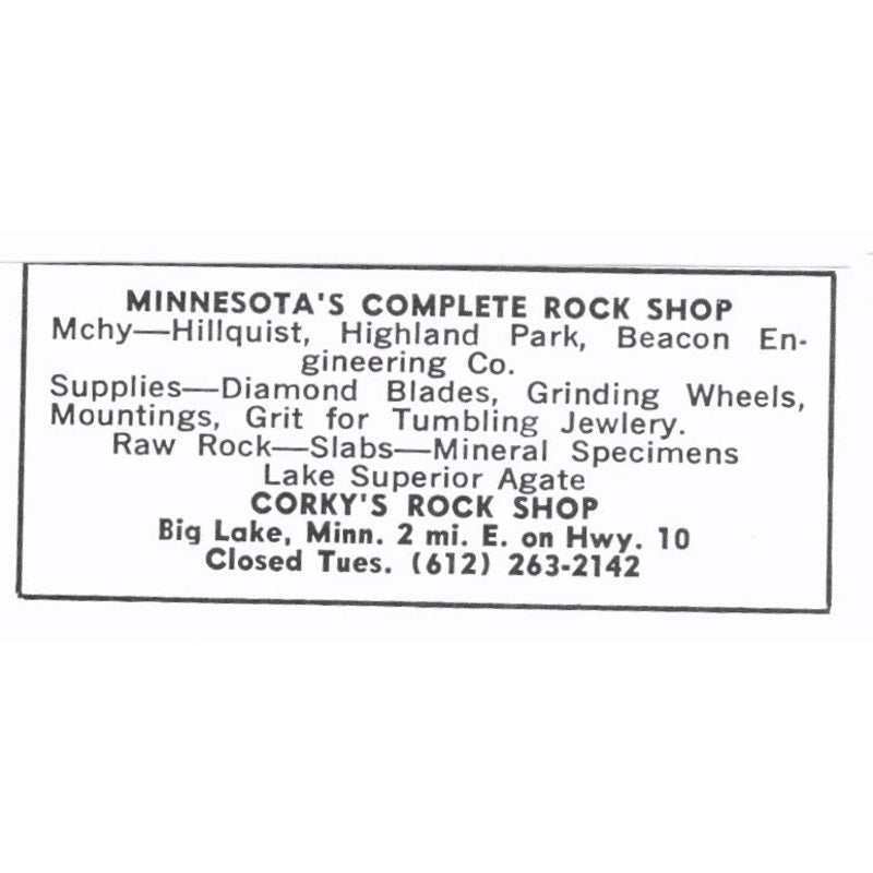 Corky's Rock Shop Lapidary Supply Big Lake Minnesota 1972 Ad AF8-S6