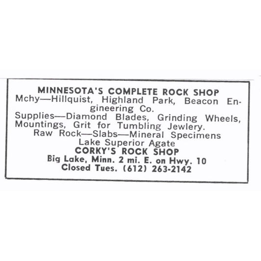 Corky's Rock Shop Lapidary Supply Big Lake Minnesota 1972 Ad AF8-S6