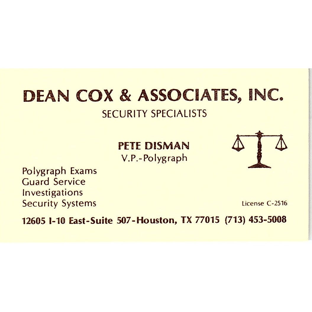 Dean Cox & Associates Pete Disman Houston Texas Vintage Business Card SB4-B3