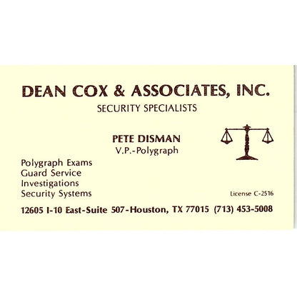 Dean Cox & Associates Pete Disman Houston Texas Vintage Business Card SB4-B3