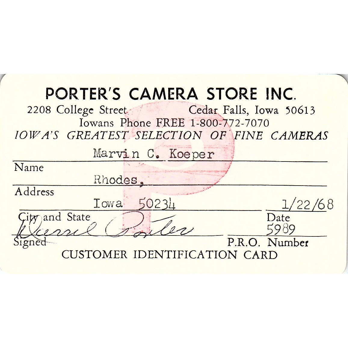 Porter's Camera Store Customer Card Marvin Koeper Rhodes Iowa AG5-M1