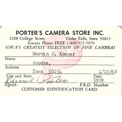 Porter's Camera Store Customer Card Marvin Koeper Rhodes Iowa AG5-M1