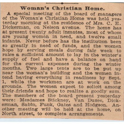 Woman's Christian Home C.E. Dickerman Nelson Ave St. Paul 1898 Newspaper AF2-Q4