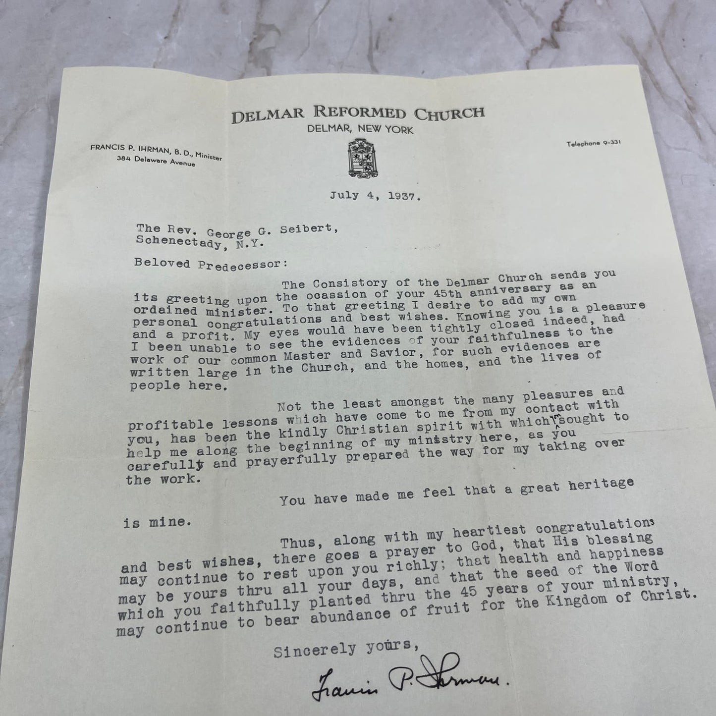 1937 Delmar Reformed Church Letter Rev. George G. Seibert Schenectady NY TG9-E1