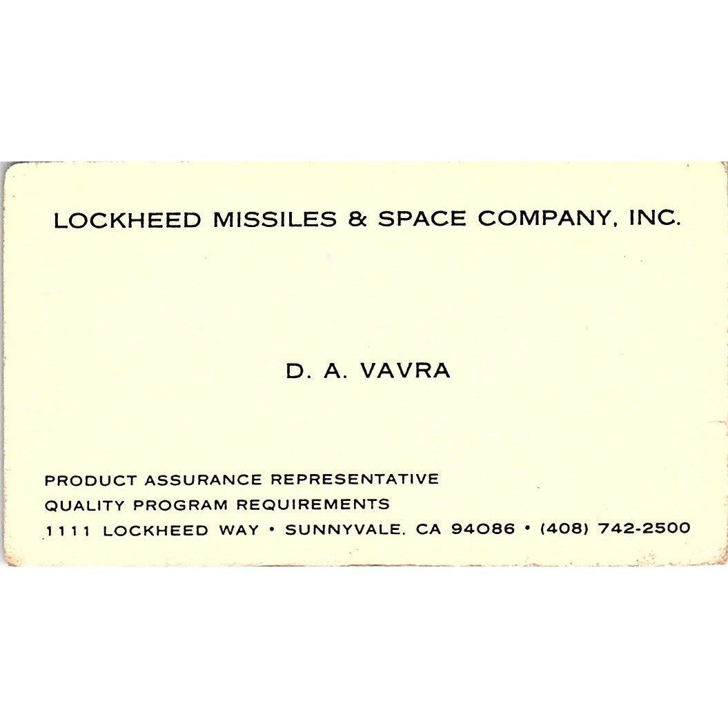 D.A. Vavra Lockheed Missiles & Space Co Sunnyvale CA Vtg Business Card SC9-B5