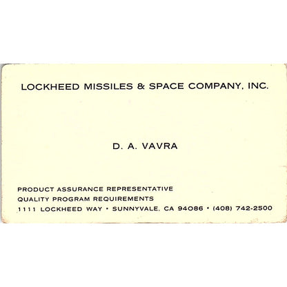 D.A. Vavra Lockheed Missiles & Space Co Sunnyvale CA Vtg Business Card SC9-B5