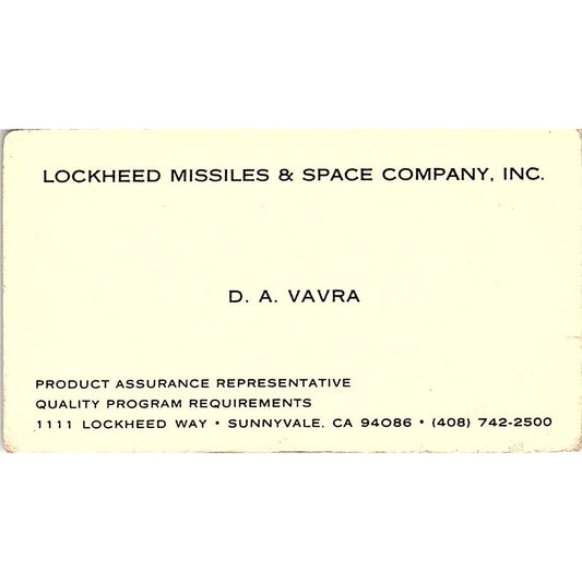 D.A. Vavra Lockheed Missiles & Space Co Sunnyvale CA Vtg Business Card SC9-B5