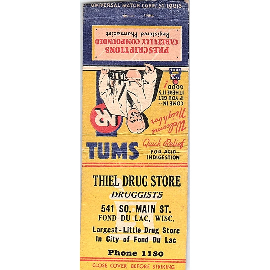 Thiel Drug Store Fond Du Lac WI Vintage Matchbook Cover SF3-Y3