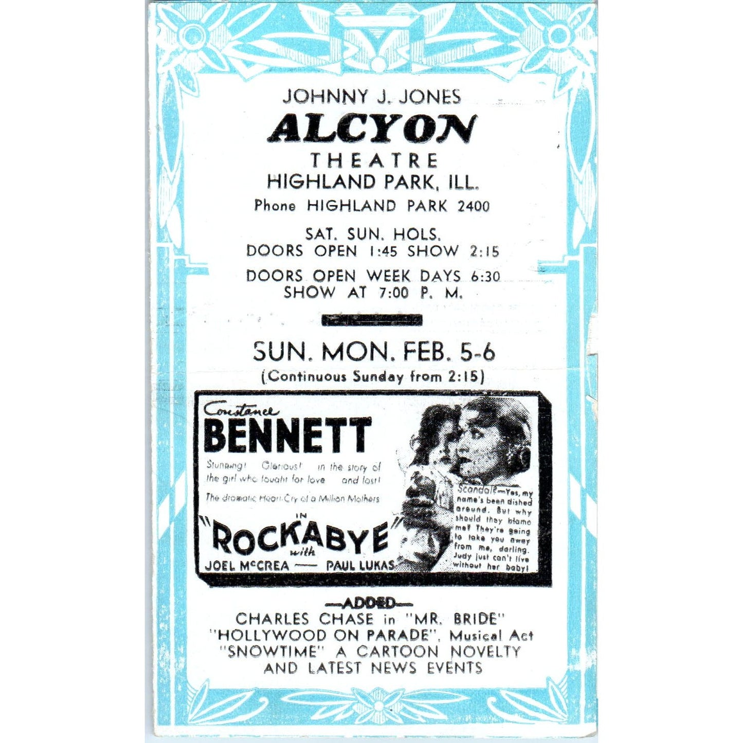c1932 Johnny J. Jones Alcyon Theatre Program Constance Bennett Rockabye AB9