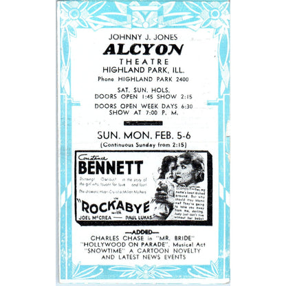 c1932 Johnny J. Jones Alcyon Theatre Program Constance Bennett Rockabye AB9