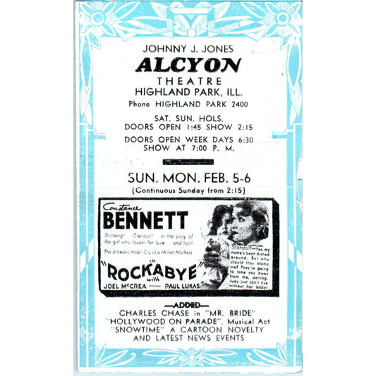 c1932 Johnny J. Jones Alcyon Theatre Program Constance Bennett Rockabye AB9