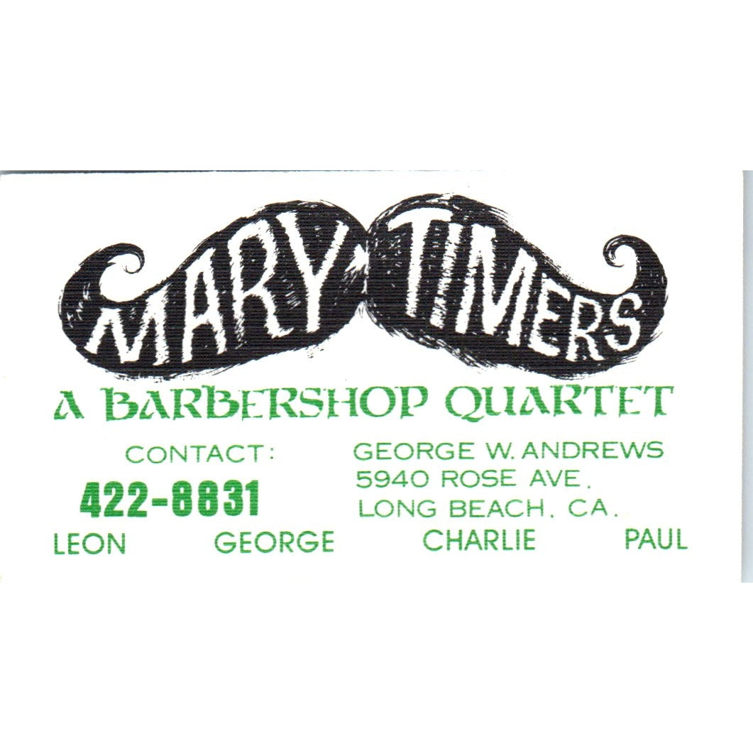 Mart Timers Barbershop Quartet George W Andrews Long Beach Business Card SD8-B12