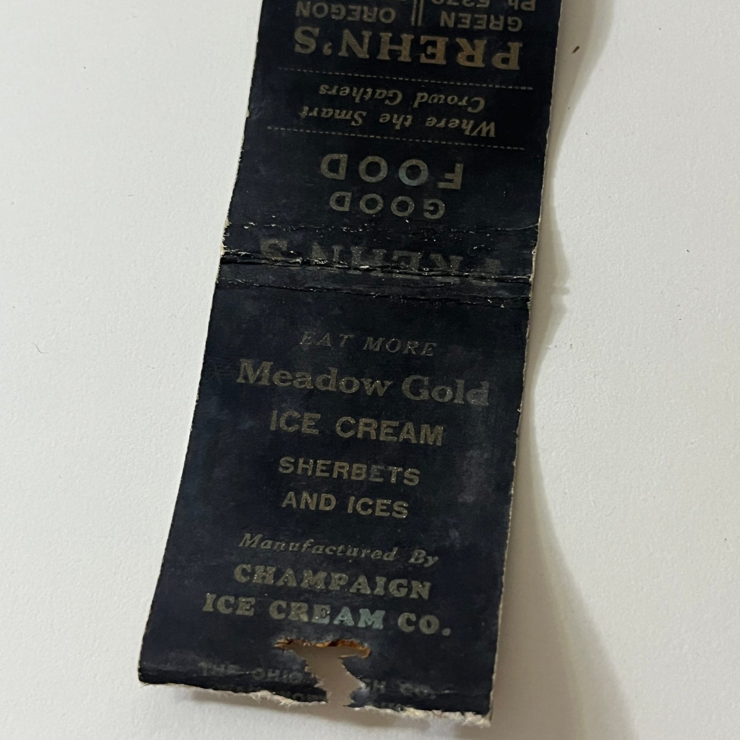 Prehn's Good Food Green Oregon Champaign Ice Cream Co Vtg Matchbook TB6-MB2-11