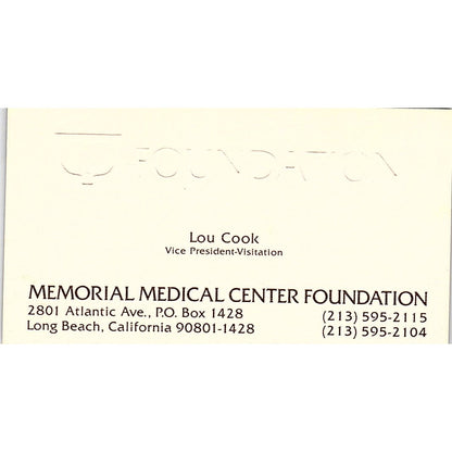 Lou Cook Memorial Medical Center Foundation Long Beach Vtg Business Card SD9-B11