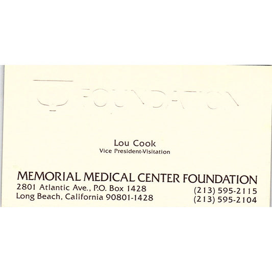 Lou Cook Memorial Medical Center Foundation Long Beach Vtg Business Card SD9-B11