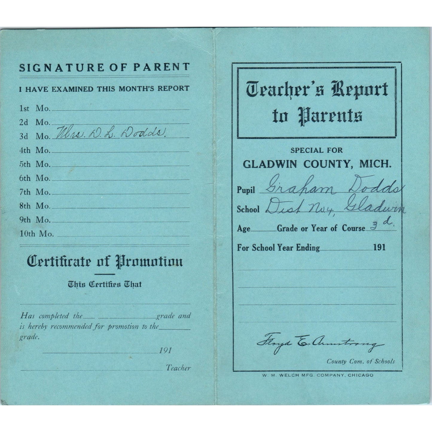 1912 Gladwin County Michigan School Dist No. 4 Report Card Graham Dodds AE6