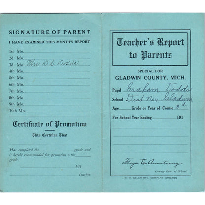 1912 Gladwin County Michigan School Dist No. 4 Report Card Graham Dodds AE6