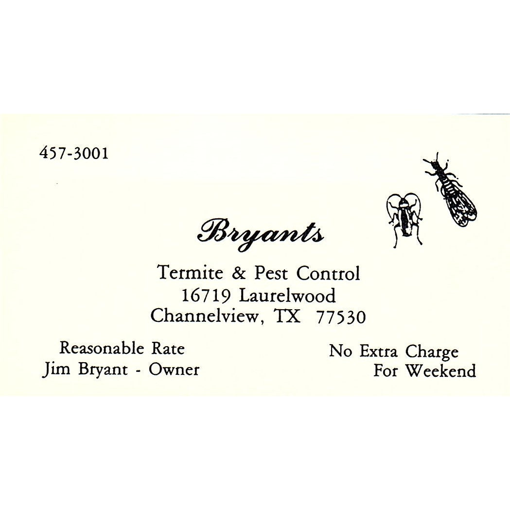 Bryants Termite & Pest Control Jim Bryant Channelview Texas Business Card SB4-B1