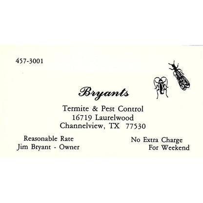 Bryants Termite & Pest Control Jim Bryant Channelview Texas Business Card SB4-B1