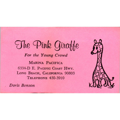 Doris Benson The Pink Giraffe Marina Pacifica Long Beach Business Card SE3-B7