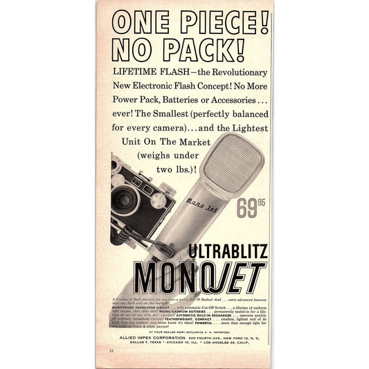 Monojet Ultrablitz Camera Flash Allied Impex Corp 1960 Magazine Ad AG6-5