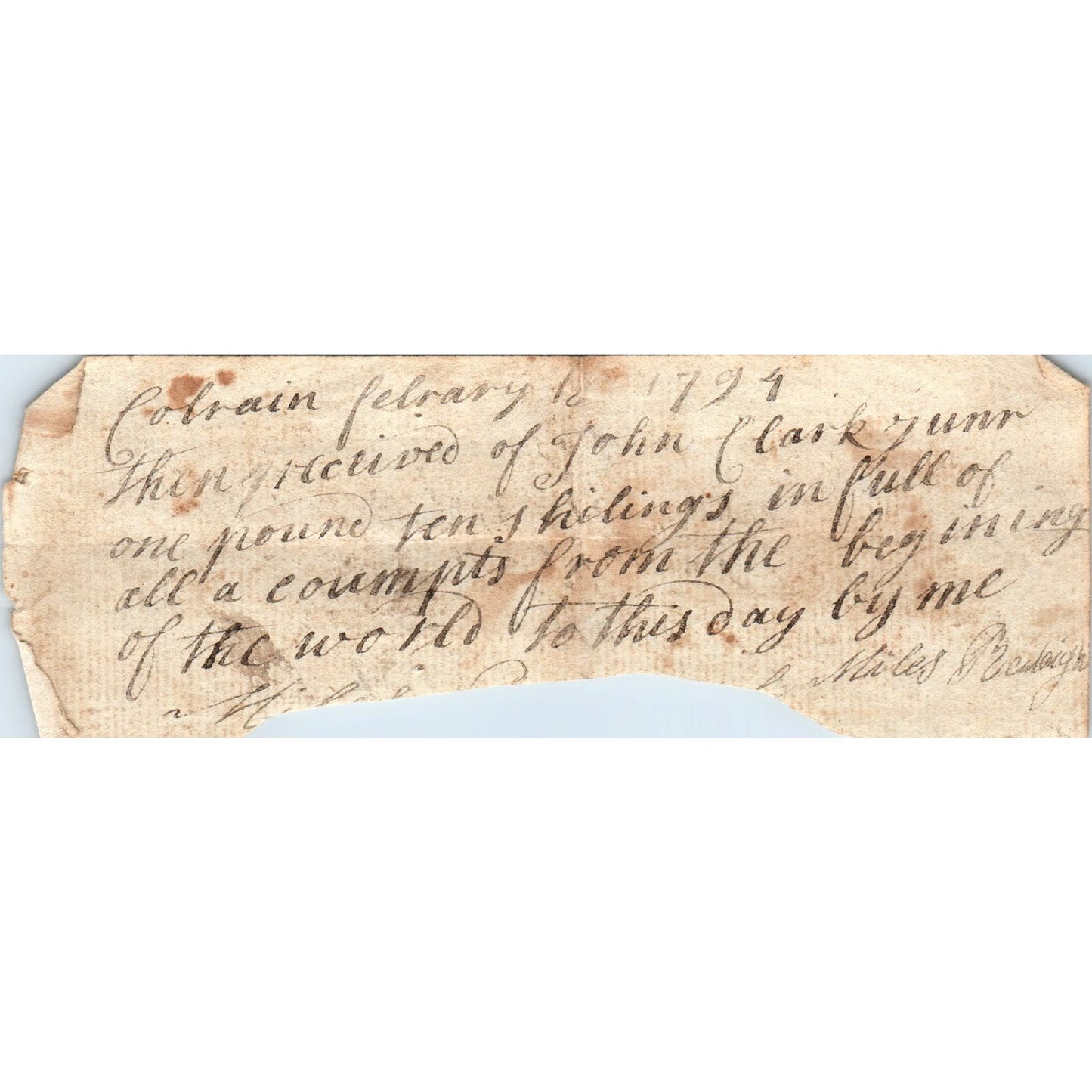 1794 Handwritten Receipt Colrain Massachusetts John Clark Miles Baileigh AE6-08
