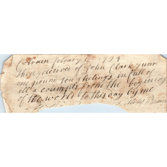 1794 Handwritten Receipt Colrain Massachusetts John Clark Miles Baileigh AE6-08