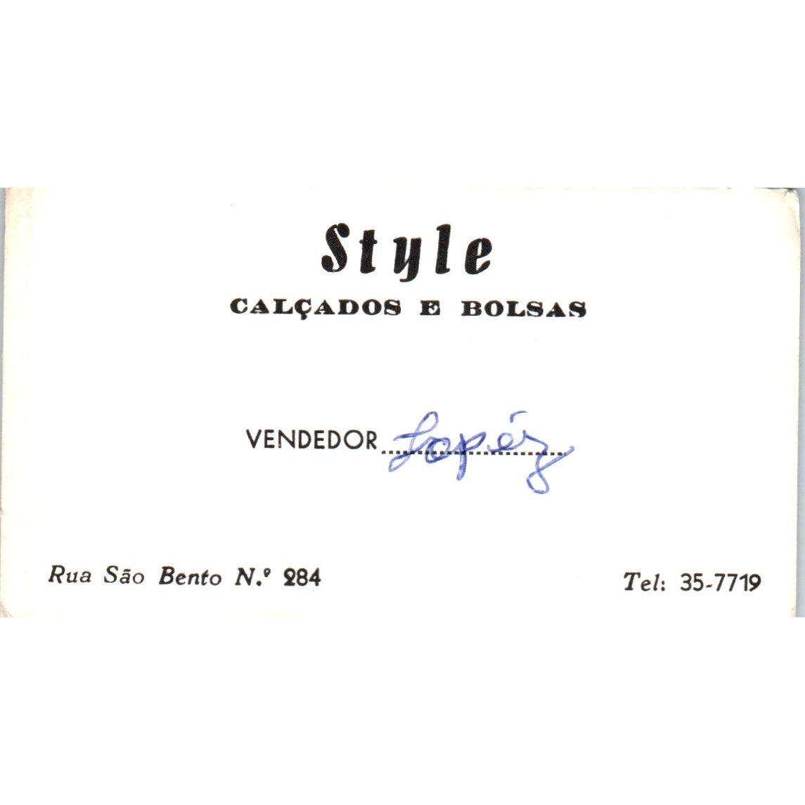 Style Calçados E Bolsas Rua São Bento No. 284 Vintage Business Card SD8-B16