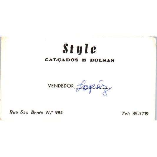 Style Calçados E Bolsas Rua São Bento No. 284 Vintage Business Card SD8-B16