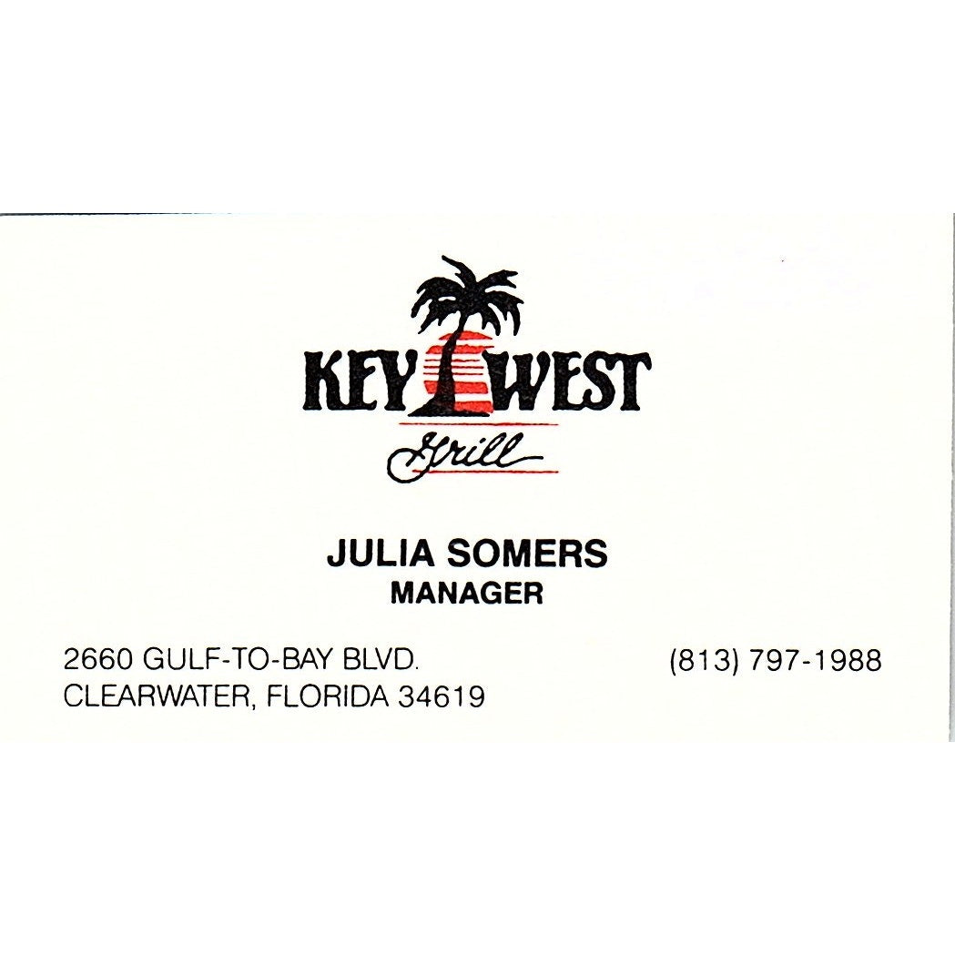 Julia Somers Key West Grill Clearwater FL Vintage Business Card SD9-B14