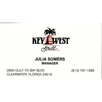 Julia Somers Key West Grill Clearwater FL Vintage Business Card SD9-B14
