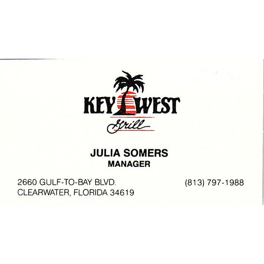 Julia Somers Key West Grill Clearwater FL Vintage Business Card SD9-B14