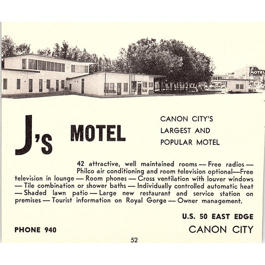 J's Motel Canon City CO 1958 Ad AG1-H5