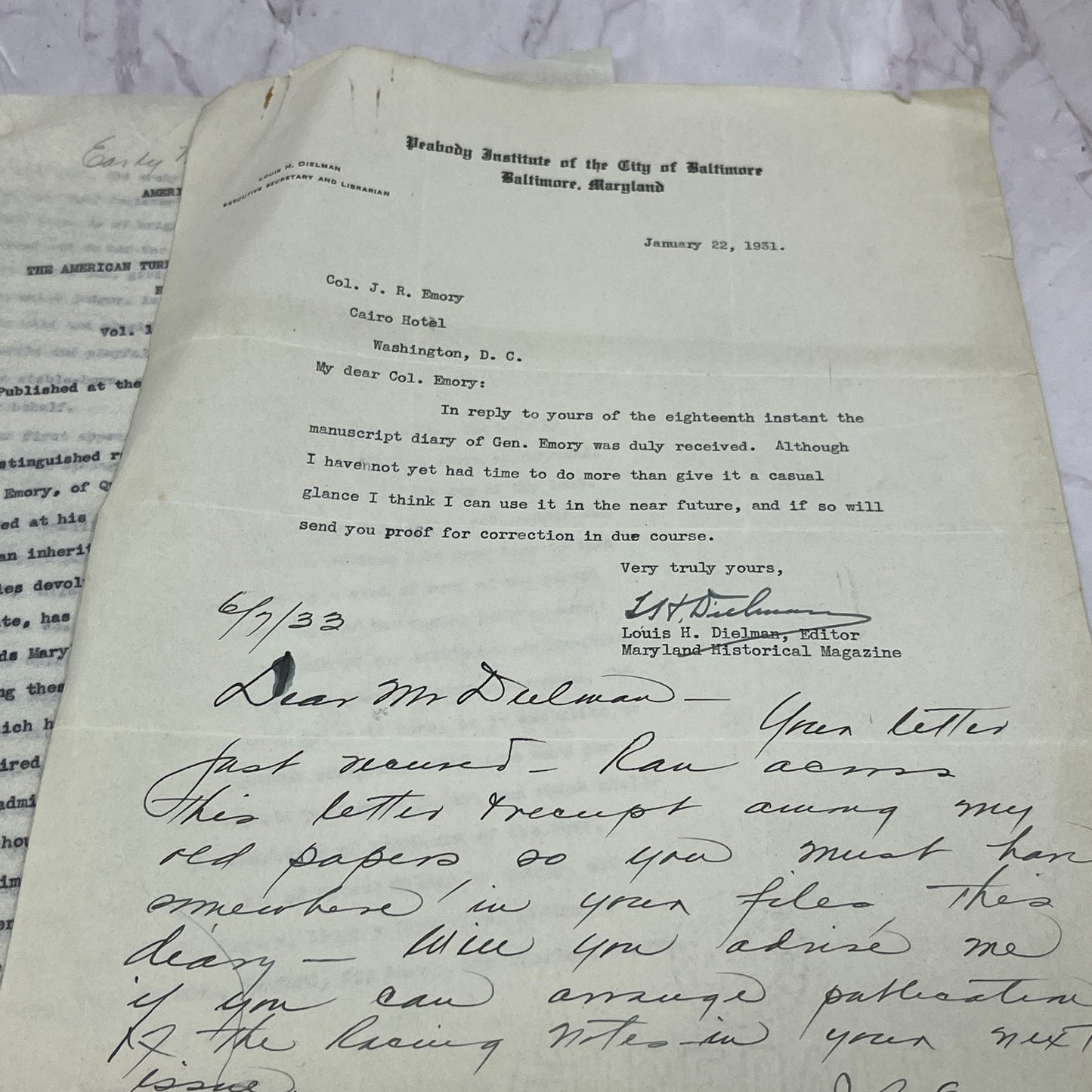 1931 Baltimore Genealogy Information Col. J.R. Emory Louis H Dielman TB8-OD