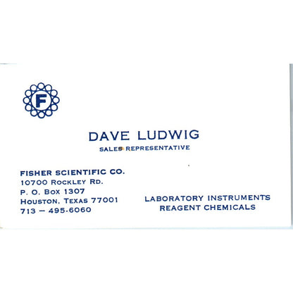 Dave Ludwig Fisher Scientific Co Houston Vintage Business Card SE3-B10