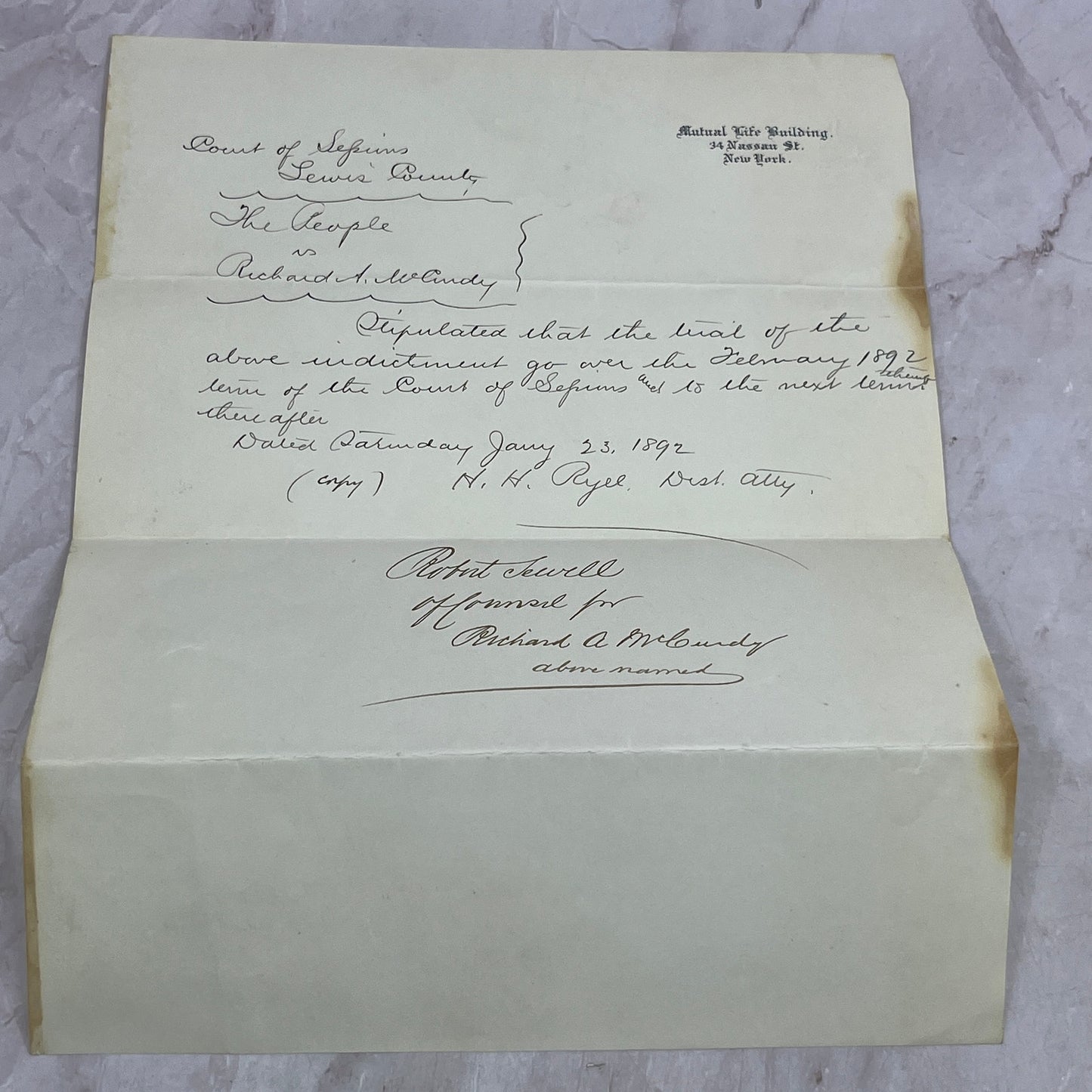 1892 Court of Lewis County NY Memo Richard A. McCurdy Mutual Life TJ5-E2