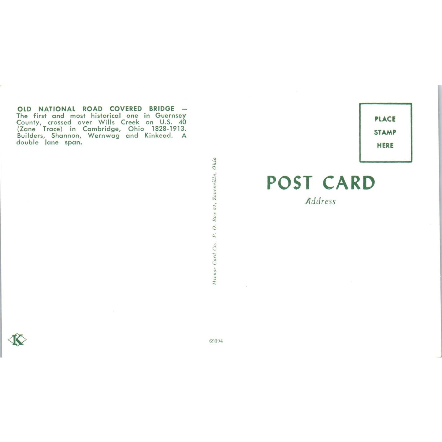 Old National Road Wills Creek Cambridge OH Covered Bridge Postcard PB10