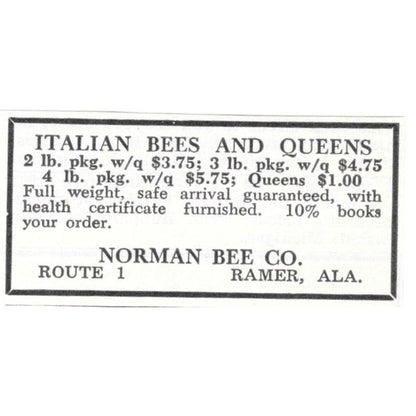 Italian Bees and Queens Norman Bee Co Ramer AL 1961 Magazine Ad AK6-S13
