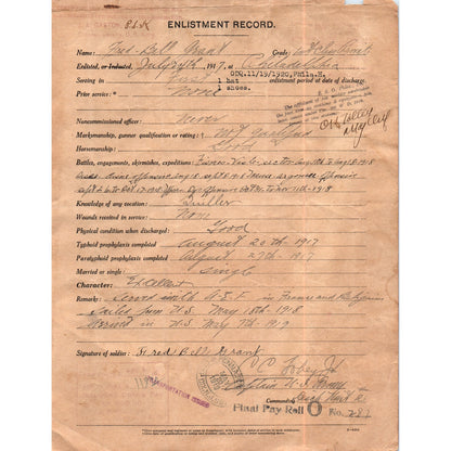 1919 WWI Honorable Discharge Certificate Fred Bell Grant Chester PA D21