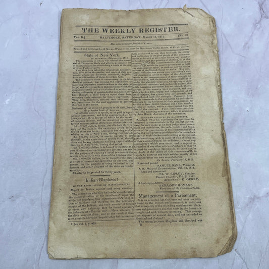 Baltimore Weekly Register Mar 14 1812 - War of 1812 British Navy, Plot AF9-10