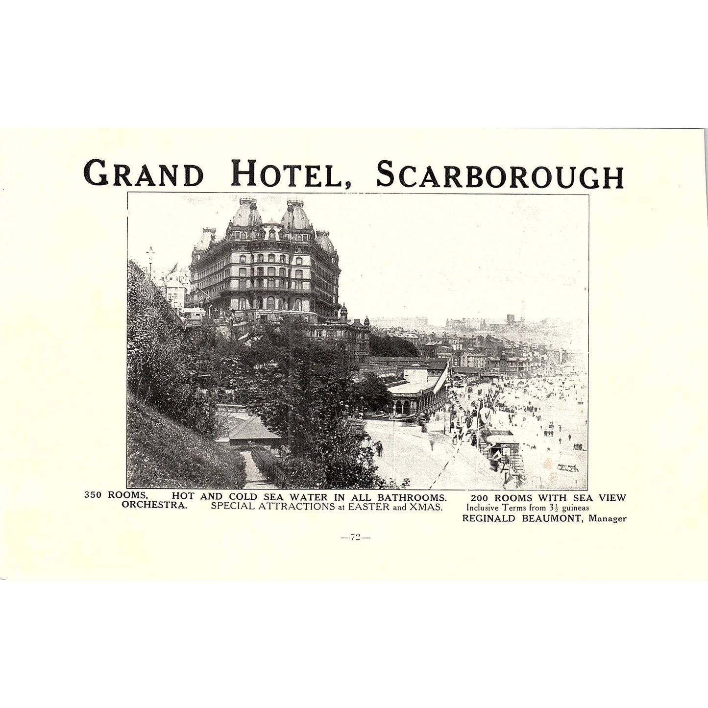 Grand Hotel Reginald Beaumont Scarborough c1910 Ad AF3-9